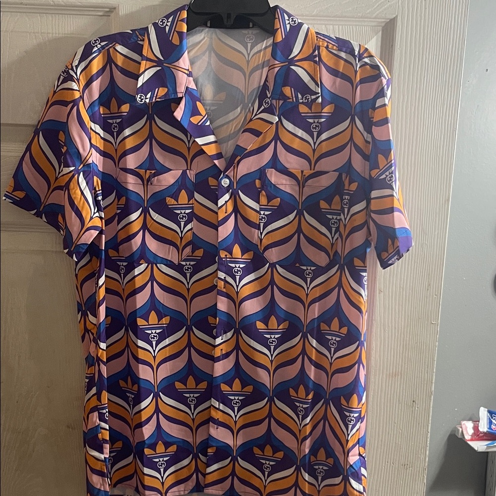 Gucci Adidas Women's Purple and Orange Patterned Button Down Shirt